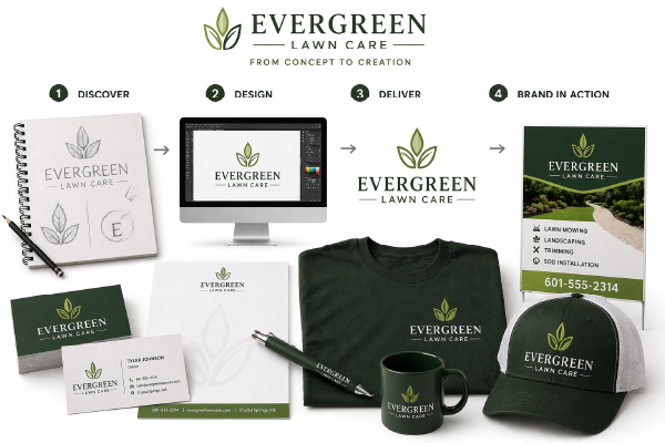 graphic design process showing logo sketch to final branding and printed materials for a lawn care business in Crystal Springs MS
