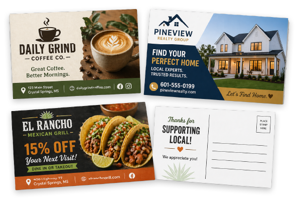 custom postcard printing in Crystal Springs MS full color marketing postcards for businesses and events