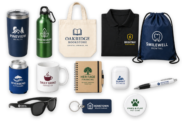 custom promotional products in Crystal Springs MS including branded tumblers bags apparel pens and giveaways