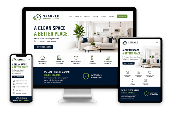 responsive website design shown on desktop tablet and mobile devices for a cleaning business in Crystal Springs MS